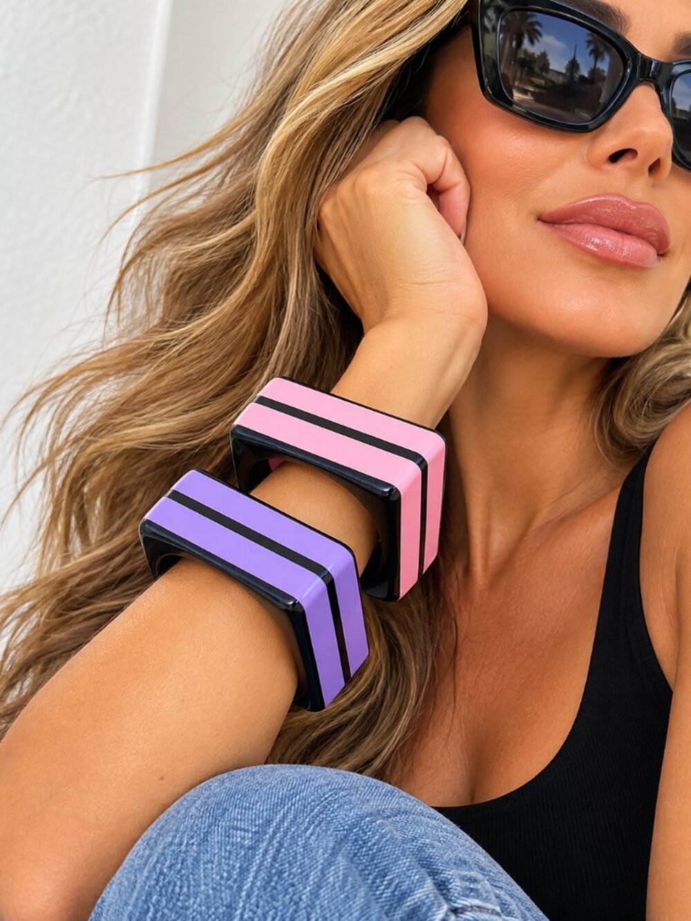 1980s / Memphis-inspired Set of 2 Square Resin Bangles Pink Purple Black